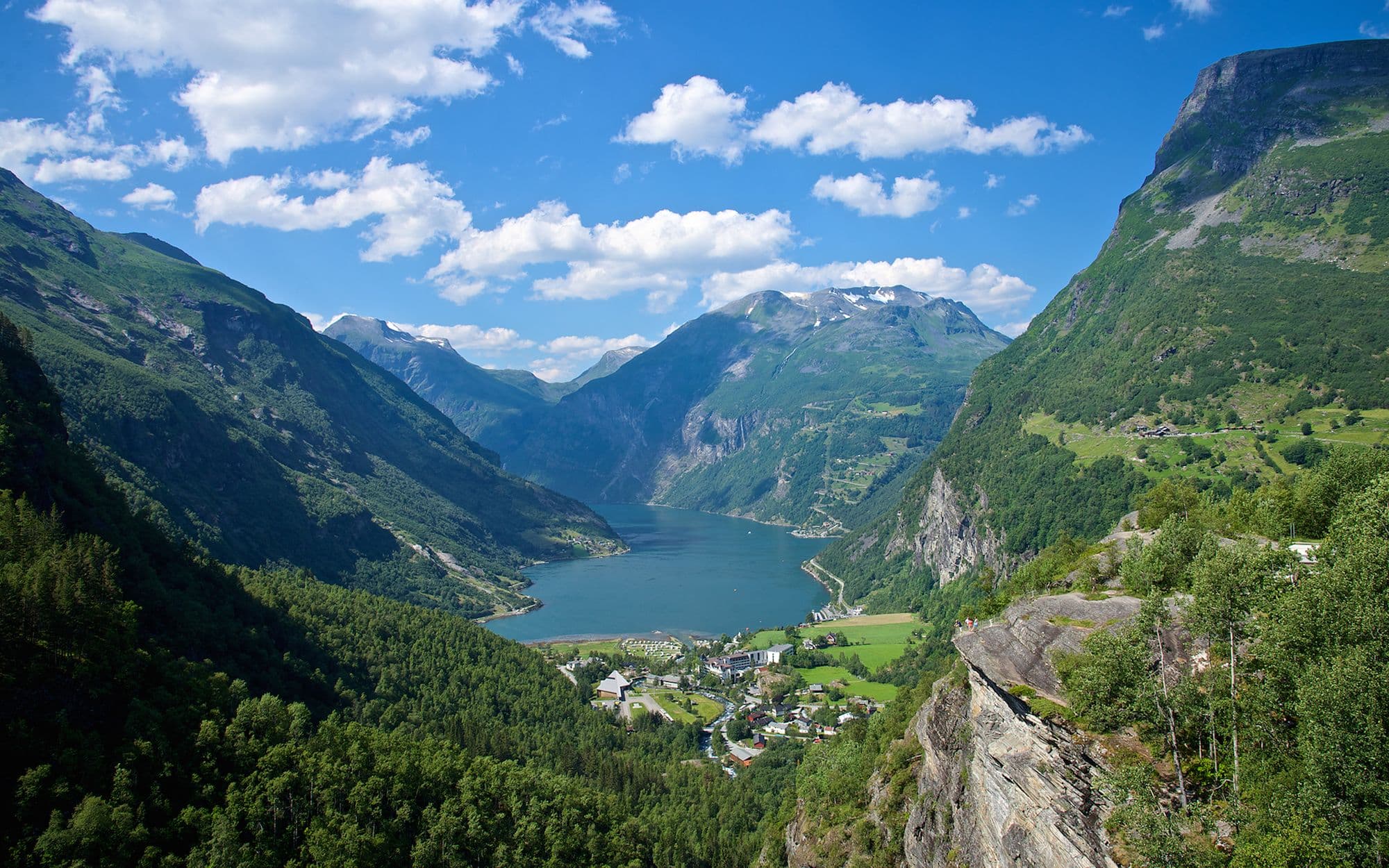 Geirangerfjorden fra Flydalsjuvet utsiktspunkt - UNESCO verdensarv med grønn skog