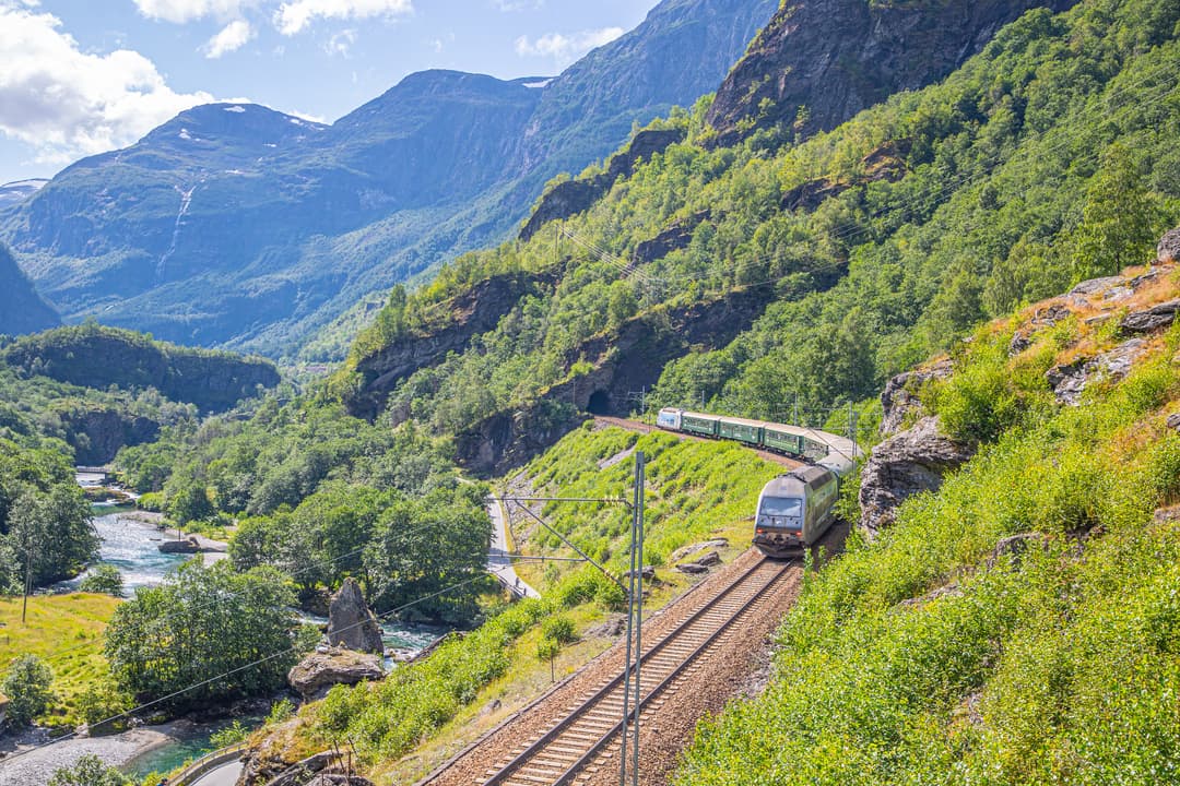 Scenic Flåm Railway journey through mountain landscapes in Norway