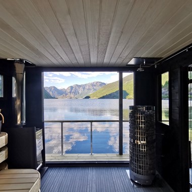 Beautiful Fjord view from the Fjord Sauna in Flåm, Norway