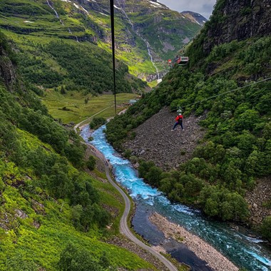 Rail, zip & bike in Flåm - - in the air on the zipline - Flåm, Norway