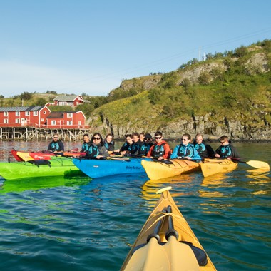 Kayak trip on the Reinefjord, the group is together - Reine, Lofoten, Norway