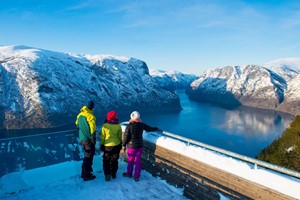 Beautiful view of the Aurlandsfjord from Stegastein - Snowshoe Hike from Flåm