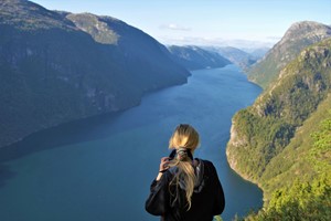 Fantastic view of the fjord landscape on a mountain hike to Bergsrinden - Bergen, Norway