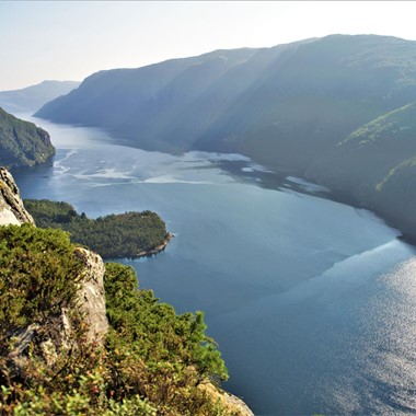 Panoramic views of the beautiful Sørfjord - mountain hike from Bergen, Norway
