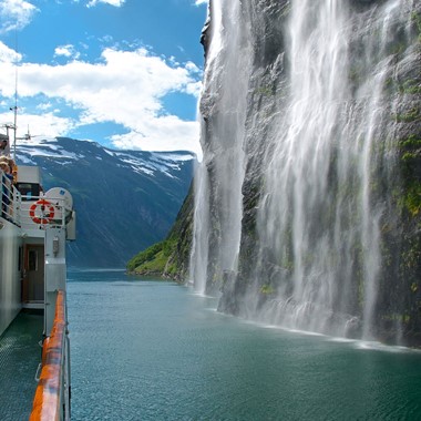 Car ferry Geiranger - Hellesylt, The bridal veil - Geirangerfjord - Norway