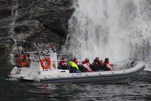 RIB adventure on the Geirangerfjord, stop at waterfalls, Geiranger, Norway
